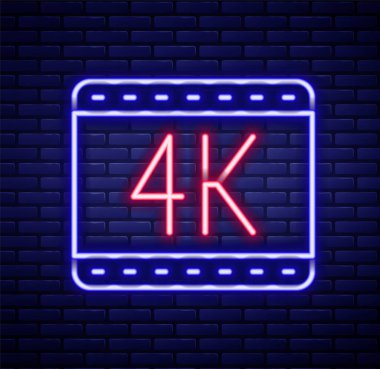 Glowing neon line 4k movie, tape, frame icon isolated on brick wall background. Colorful outline concept. Vector.