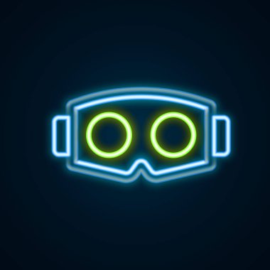 Parlayan neon çizgisi Sanal gerçeklik gözlüğü simgesi siyah arkaplanda izole edildi. Stereoskopik 3D VR maskesi. Optik baş monte edildi. Renkli taslak konsepti. Vektör.