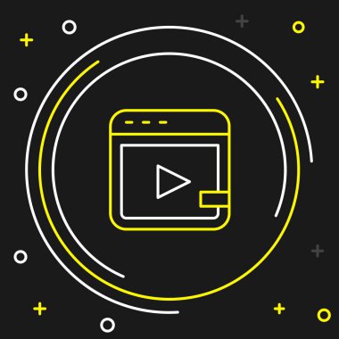 Line Video advertising icon isolated on black background. Concept of marketing and promotion process. Responsive ads. Social media advertising. Colorful outline concept. Vector.