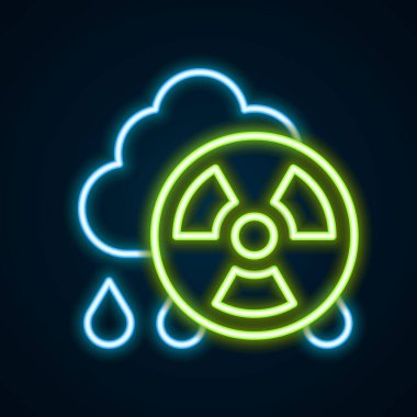 Parlayan neon hattı asit yağmuru ve siyah arka planda izole edilmiş radyoaktif bulut simgesi. Zehirli hava kirliliğinin çevre üzerindeki etkileri. Renkli taslak konsepti. Vektör.