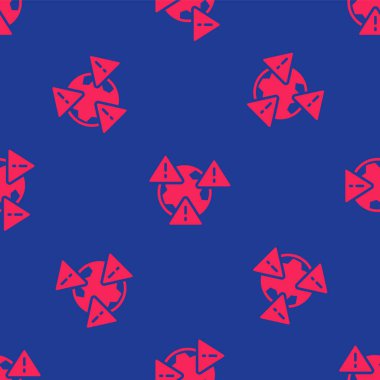 Kırmızı Gezegen Yeryüzü sembolü ünlem işareti simgesi mavi arkaplanda izole edilmiş kusursuz desen. Global Earth, ünlem tehlike işareti. Vektör.