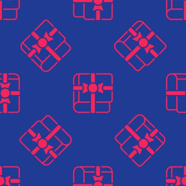 Kırmızı Kitap hediye simgesi olarak mavi arka planda izole edilmiş kusursuz desen. Vektör.