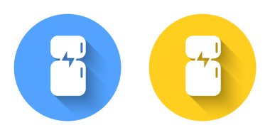White Refrigerator icon isolated with long shadow background. Fridge freezer refrigerator. Household tech and appliances. Circle button. Vector.