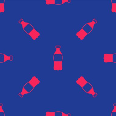 Kırmızı şişe su ikonu mavi arka planda izole edilmiş. Soda su içme tabelası. Vektör.