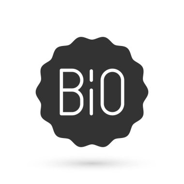 Gri Banner, etiket, etiket, biyoyeşil sağlıklı gıda ikonu için logo beyaz arka planda izole. Organik ürün. Sağlıklı yemek etiketi. Vektör.