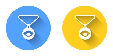 White Medallion on a chain with eye icon isolated with long shadow background. Magic amulet with eye. Circle button. Vector.