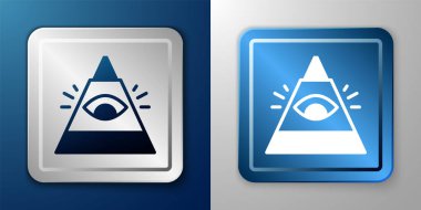 Beyaz Masonların sembolü Tanrı 'nın her şeyi gören ikonu mavi ve gri arka planda izole edilmiş. Üçgendeki Tanrı 'nın Gözü. Gümüş ve mavi kare düğme. Vektör.