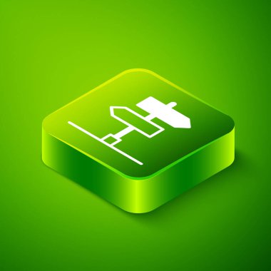 İzometrik trafik levhası. Yeşil arkaplanda sinyal simgesi izole edildi. İşaretçi sembolü. İzole sokak bilgi levhası. Yön tabelası. Yeşil kare düğmesi. Vektör.