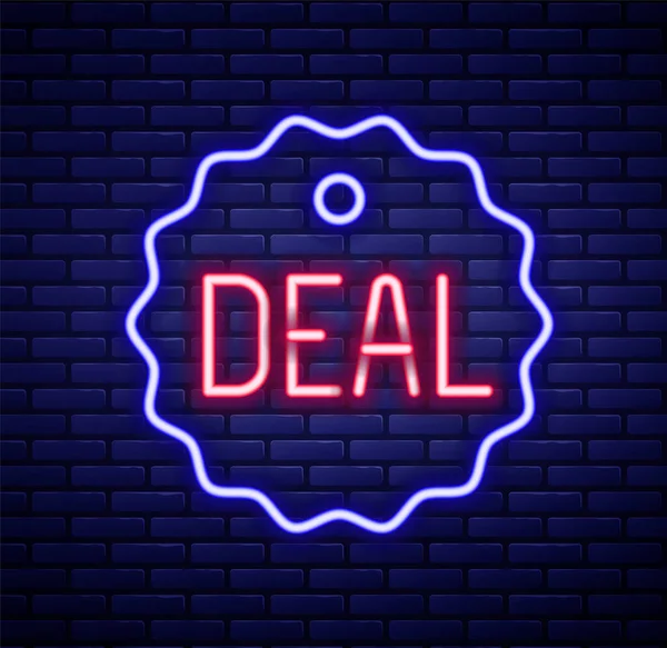 Glowing Neon Line Deal Icon Isolated Brick Wall Background Colorful — Vetor de Stock