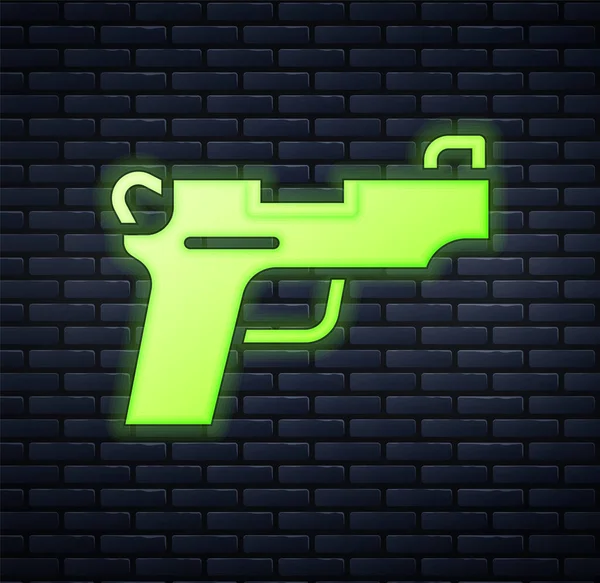 Glowing Neon Pistol Gun Icon Isolated Brick Wall Background Police — Stock Vector