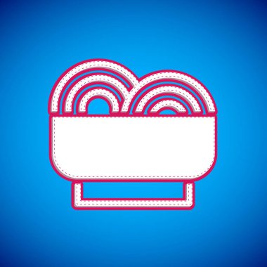 Kasede beyaz Asya eriştesi ve mavi arka planda izole edilmiş yemek çubuğu ikonu. Sokak yemeği. Kore, Japon, Çin yemekleri. Vektör.