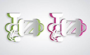 Kağıt kesiği, gri arka planda izole edilmiş balık ikonu için Spinning makara. Balık bobini. Balık oltası. Kağıt sanatı tarzı. Vektör.