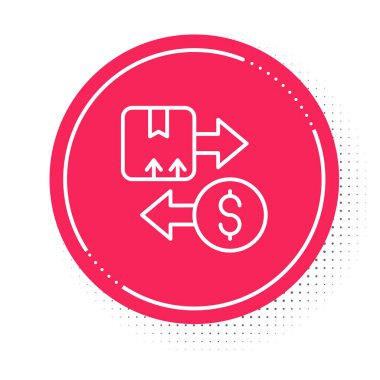 Beyaz çizgi Vergi karton kutu simgesi beyaz arkaplanda izole edildi. Kutu, paket, paket işareti. Teslimat ve ambalaj. Kırmızı daire düğmesi. Vektör.