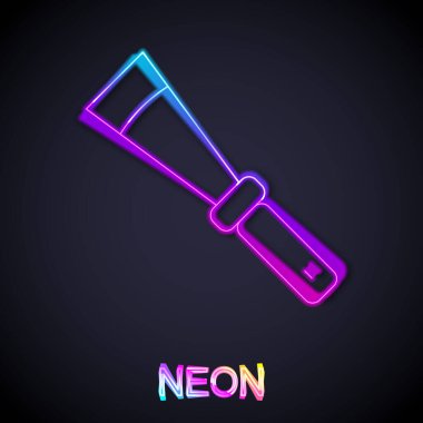 Parlayan neon hattı arıcılık açılır bıçak ikonu siyah arkaplanda izole edildi. Arı yetiştiricisinin aleti. Vektör.