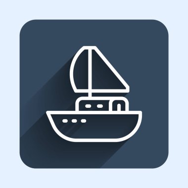 Beyaz çizgili yelkenli ya da uzun gölgeli gemi ikonu. Yelkenli deniz seyahati. Mavi kare düğme. Vektör.