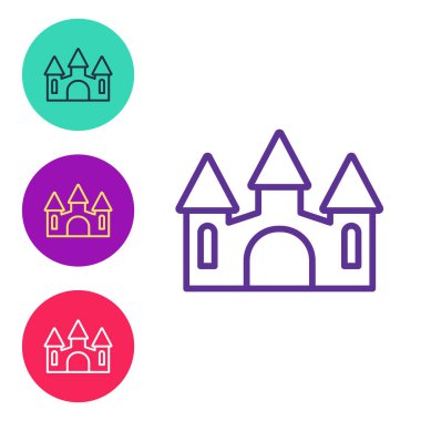 Castle simgesini beyaz arkaplanda ayır. Kulesi olan bir ortaçağ kalesi. Düşmanlardan koruma. Şehrin güvenilirliği ve savunması. Simgeleri renklendirin. Vektör.