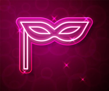 Parlayan neon çizgisi karnaval maskesi simgesi kırmızı arkaplanda izole edildi. Maskeli balo maskesi. Vektör.