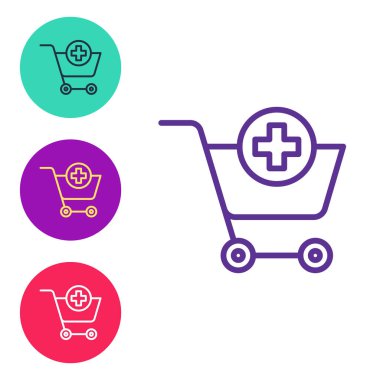 Satırı ayarla Beyaz arkaplanda izole edilmiş alışveriş arabası simgesine ekle. İnternetten satın alma konsepti. Servis tabelası. Süpermarket sepeti sembolü. Simgeleri renklendirin. Vektör.