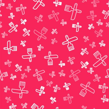 Kırmızı arka planda beyaz çizgili çatal ve bıçak ikonu izole edilmiş. Çatal bıçak sembolü. Vektör.