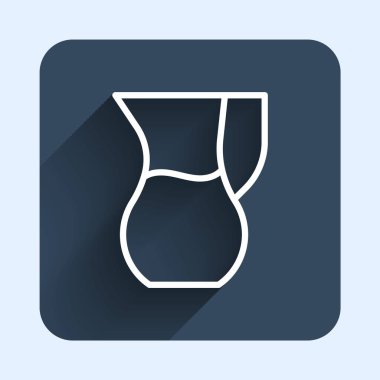 White line Jug glass with water icon isolated with long shadow background. Kettle for water. Glass decanter with drinking water. Blue square button. Vector.