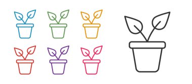 Çömlek simgesindeki çizgi bitkisi beyaz arkaplanda izole edildi. Tencerede yetişen bir bitki. Saksı bitkisi işareti. Simgeleri renklendirin. Vektör.