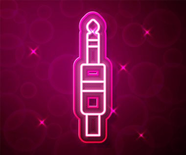 Parlayan neon hattı ses kriko simgesi kırmızı arkaplanda izole edildi. Bağlantı ses ekipmanları için ses kablosu. Fiş kablosu. Müzik aleti. Vektör.