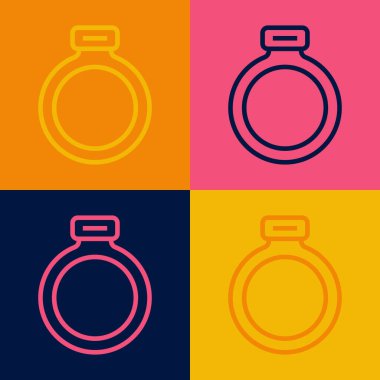 Pop sanat çizgisi Fantezi sihirli taş yüzük ve renkli arka planda izole edilmiş mücevher simgesi. Vektör.