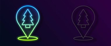 Parlayan neon hattı Noel ağacı simgesi siyah arkaplanda izole edilmiş. Mutlu Noeller ve mutlu yıllar. Vektör.