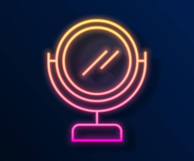 Parlayan neon çizgisi yuvarlak makyaj aynası ikonu siyah arkaplanda izole edilmiş. Vektör.