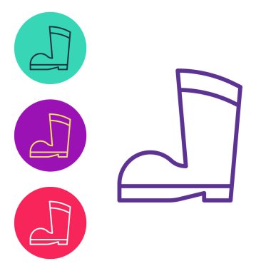 Beyaz arkaplanda su geçirmez lastik bot simgesi var. Yağmurlu hava, balıkçılık, bahçe işleri için çizme. Simgeleri renklendirin. Vektör.