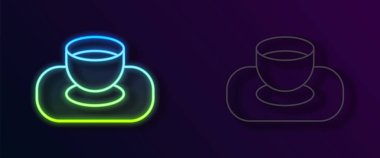 Siyah arka planda izole edilmiş kase ikonunda parlayan neon hattı Soya sosu. Vektör.