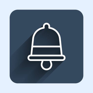Beyaz çizgi Mutlu Noeller zil ikonu uzun gölge arkaplan izole. Alarm sembolü, servis zili, el zili işareti, uyarı. Mavi kare düğme. Vektör.