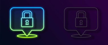 Parlayan neon çizgi simgesi siyah arkaplanda izole edildi. Asma kilit işareti. Güvenlik, güvenlik, koruma, gizlilik kavramı. Vektör.