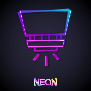 Parlayan neon hattı yangın söndürme sistemi simgesi siyah arkaplanda izole edildi. Fıskiye, yangın söndürücü, katı ikon. Vektör.