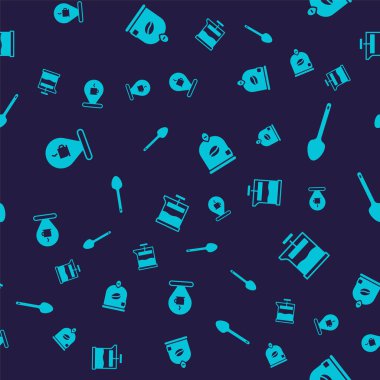 Kahve fincanının yerini çay kaşığı fasülye ve Fransız presi ile kusursuz bir şablona ayarla. Vektör.