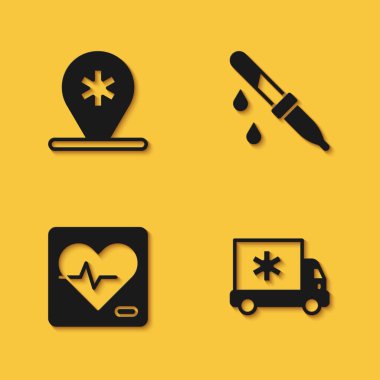 Ambulansın kalp atış hızını ve uzun gölgeli Pipette ikonunu ayarla. Vektör.