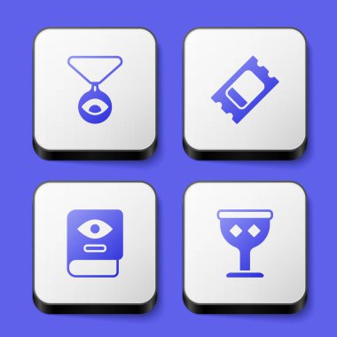Set Medallion on chain with eye Circus ticket Ancient magic book and Medieval goblet icon. White square button. Vector.
