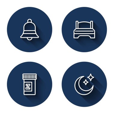 Çizgi çanı çal Büyük yatak hapları ve ay ve uzun gölgeli yıldızlar. Mavi daire düğmesi. Vektör.