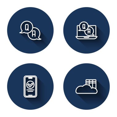 Satır Soru ve Yanıt Online Sınav Anketi ve Bulut ya da uzun gölgeli çevrimiçi kütüphaneyi ayarla. Mavi daire düğmesi. Vektör.