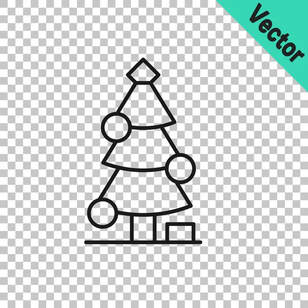 Schwarze Linie Weihnachtsbaum Mit Dekorationen Symbol Isoliert Auf Transparentem Hintergrund — Stockvektor