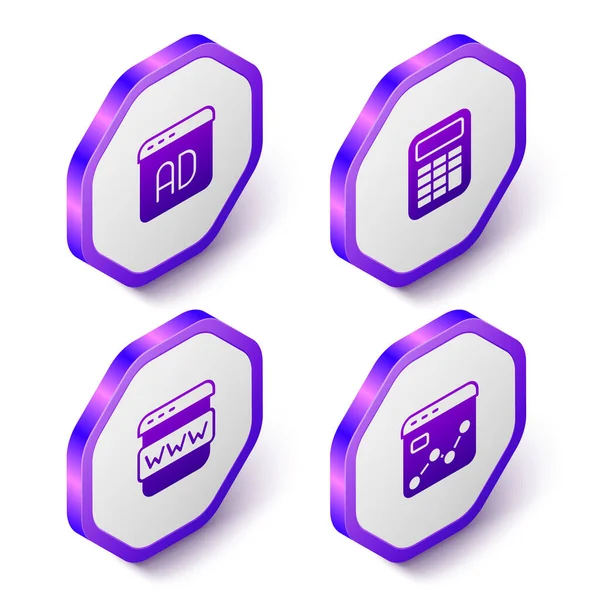 Set Isometric Advertising Calculator Browser Window Market Analysis Icon Purple — Stock Vector