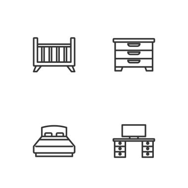 Ofis masası büyük yatak beşiği ve çekmecelerin göğüs ikonu. Vektör.