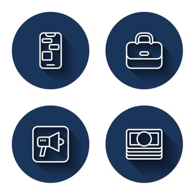 Mobil Hattı 24 saat destekleyin Evrak çantalı Megafon ve Stacks kağıt para desteğini uzun gölgeli. Mavi daire düğmesi. Vektör.