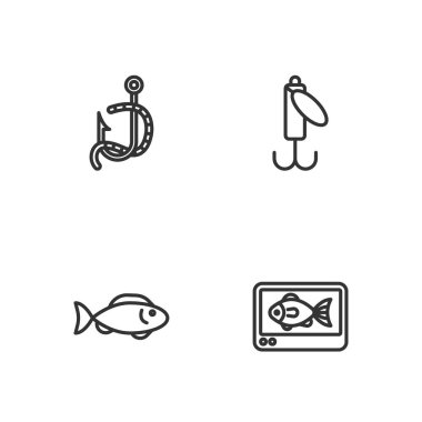 Balık bulucu eko seslendirici olta, solucan ve yem ikonu hattı ayarlayın. Vektör.
