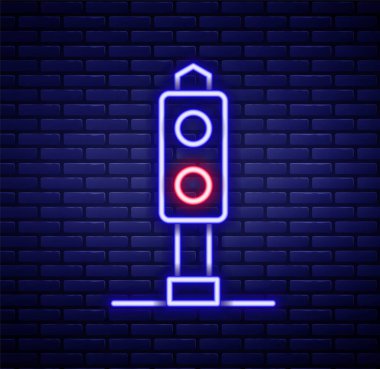 Parlayan neon hattı trafik ışığı ikonu tuğla duvar arka planında izole edildi. Trenlerin hareketlerini düzenlemek için demiryolu için trafik ışıkları. Renkli taslak konsepti. Vektör.