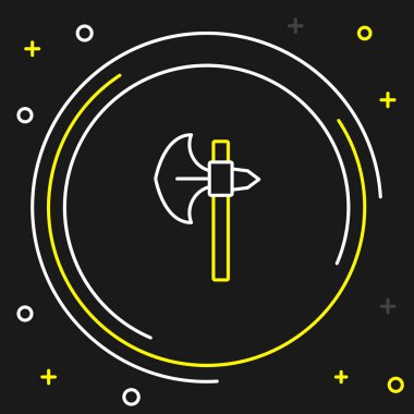 Çizgi Ortaçağ balta simgesi siyah arkaplanda izole edildi. Savaş baltası, cellat baltası. Ortaçağ silahı. Renkli taslak konsepti. Vektör.