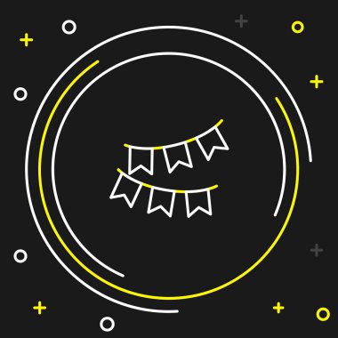 Çizgi Karnaval çelengi siyah arka planda izole edilmiş bayrak simgesi ile. Doğum günü kutlaması için parti flamaları, festival dekorasyonu. Renkli taslak konsepti. Vektör