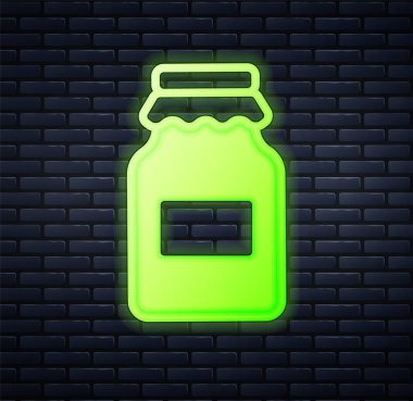 Parlayan neon kavanoz bal ikonu tuğla duvar arka planında izole edilmiş. Yiyecek bankası. Tatlı doğal gıda sembolü. Vektör