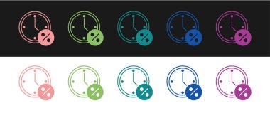Set Clock and percent discount icon isolated on black and white background.  Vector