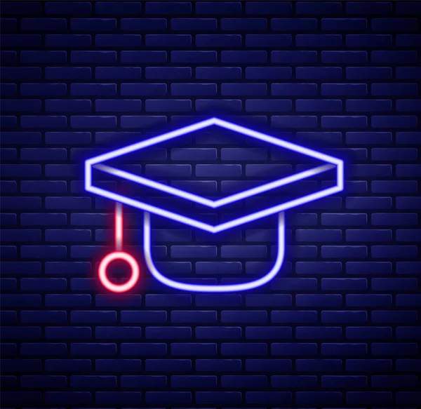 Glowing Neon Line Graduation Cap Icon Isolated Brick Wall Background — Stock Vector